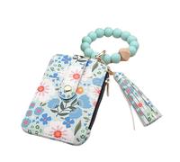 Genérico Women's Boho Beaded Wallet, Women Boho Style Beaded & Tassel Decorated Keychain, Wristlet Keychain with Flower Pattern(Cyan)