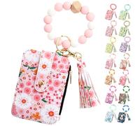 Genérico Women's Boho Beaded Wallet, Womens Boho Style Beaded and Tassel Wristlet Keychain Wallet with Floral Fruit Pattern (Light Pink)