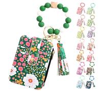 Genérico Women's Boho Beaded Wallet, Womens Boho Style Beaded and Tassel Wristlet Keychain Wallet with Floral Fruit Pattern (Green)