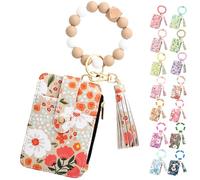 Genérico Women's Boho Beaded Wallet, Womens Boho Style Beaded and Tassel Wristlet Keychain Wallet with Floral Fruit Pattern (Khaki)