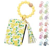 Genérico Women's Boho Beaded Wallet, Womens Boho Style Beaded and Tassel Wristlet Keychain Wallet with Floral Fruit Pattern (Lemon)