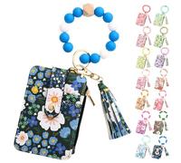 Genérico Women's Boho Beaded Wallet, Womens Boho Style Beaded and Tassel Wristlet Keychain Wallet with Floral Fruit Pattern (Dark Blue)
