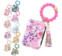 Genérico Women's Boho Beaded Wallet, Women's Boho Style Beaded & Tassel Decorated Keychain with Flower Pattern Wallet (Rose Red)