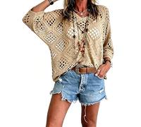 Genérico Womens Boho Crochet Top Beige V Neck Hollow out Knit Blouse Long Sleeve Beach Cover Up Loose Summer Shirt