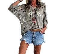 Genérico Womens Boho Crochet Top Beige V Neck Hollow out Knit Blouse Long Sleeve Beach Cover Up Loose Summer Shirt