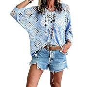 Genérico Womens Boho Crochet Top Beige V Neck Hollow out Knit Blouse Long Sleeve Beach Cover Up Loose Summer Shirt