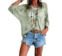 Genérico Womens Boho Crochet Top Beige V Neck Hollow out Knit Blouse Long Sleeve Beach Cover Up Loose Summer Shirt