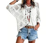 Genérico Womens Boho Crochet Top Beige V Neck Hollow out Knit Blouse Long Sleeve Beach Cover Up Loose Summer Shirt