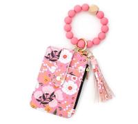 Genérico Women's Boho Style Beaded & Tassel Decorated Keychain with Flower Pattern Wallet, Bracelet Keychain Wallet for Women (Dark Pink)