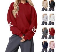 Genérico Womens Bow Print Hoodies Oversized Long Sleeve Drop Shoulder Graphic Hoodie Cute Sweater Fleece Sweatshirts 2025 (Red,XS)
