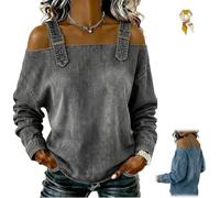 Genérico Women's Casual Cold Shoulder Denim Tops,Off-The-Shoulder Long Sleeve Buckle Straps Jean Blouses,Adjustable Strap Denim Shirt (FR/ES, Letras, XXL, Regular, Regular, Gray)