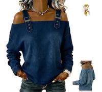 Genérico Women's Casual Cold Shoulder Denim Tops,Off-The-Shoulder Long Sleeve Buckle Straps Jean Blouses,Adjustable Strap Denim Shirt (FR/ES, Letras, M, Regular, Regular, Dark Blue)