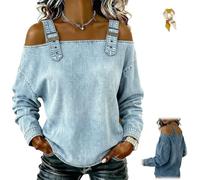 Genérico Women's Casual Cold Shoulder Denim Tops,Off-The-Shoulder Long Sleeve Buckle Straps Jean Blouses,Adjustable Strap Denim Shirt (FR/ES, Letras, XL, Regular, Regular, Light Blue)