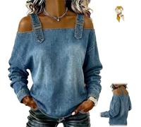 Genérico Women's Casual Cold Shoulder Denim Tops,Off-The-Shoulder Long Sleeve Buckle Straps Jean Blouses,Adjustable Strap Denim Shirt (FR/ES, Letras, XXL, Regular, Regular, Blue)