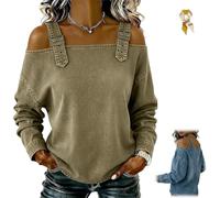 Genérico Women's Casual Cold Shoulder Denim Tops,Off-The-Shoulder Long Sleeve Buckle Straps Jean Blouses,Adjustable Strap Denim Shirt (FR/ES, Letras, 3XL, Regular, Regular, Khaki)
