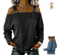 Genérico Women's Casual Cold Shoulder Denim Tops,Off-The-Shoulder Long Sleeve Buckle Straps Jean Blouses,Adjustable Strap Denim Shirt (FR/ES, Letras, L, Regular, Regular, Black)