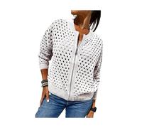 Genérico Women's Casual Hollow Knitwear Zipper Jacket,Womens Zip up Crochet Cardigan Sweater, Lightweight Cardigans Sweater,Fishnet Knit Shrugs (FR/ES, Letras, L, Regular, Regular, White)