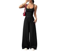 Genérico Womens Casual Jumpsuit Spaghetti Strap Square Neck Smocked Wide Leg Long Pants All-in-One Summer Outfit