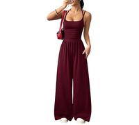 Genérico Womens Casual Jumpsuit Spaghetti Strap Square Neck Smocked Wide Leg Long Pants All-in-One Summer Outfit
