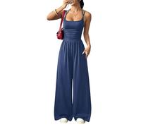 Genérico Womens Casual Jumpsuit Spaghetti Strap Square Neck Smocked Wide Leg Long Pants All-in-One Summer Outfit