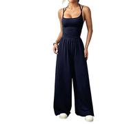 Genérico Womens Casual Jumpsuit Spaghetti Strap Square Neck Smocked Wide Leg Long Pants All-in-One Summer Outfit
