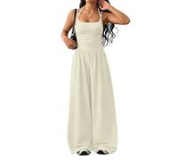 Genérico Womens Casual Jumpsuit Spaghetti Strap Square Neck Smocked Wide Leg Long Pants All-in-One Summer Outfit