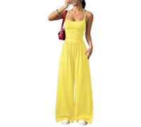 Genérico Womens Casual Jumpsuit Spaghetti Strap Square Neck Smocked Wide Leg Long Pants All-in-One Summer Outfit