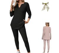 Genérico Women's Casual Plush Rib-Knit Long Sleeve T-Shirt and Leggings Set,2 Piece Ribbed Knit Lounge Set,Fall Winter Outfits Pajamas (Black, S)