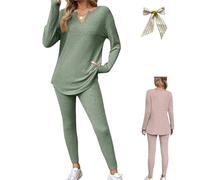 Genérico Women's Casual Plush Rib-Knit Long Sleeve T-Shirt and Leggings Set,2 Piece Ribbed Knit Lounge Set,Fall Winter Outfits Pajamas (Green, S)