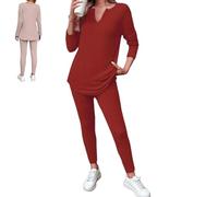 Genérico Women's Casual Rib-Knit Long Sleeve T-Shirt And Leggings Set, Cozy Slim Fit 2 Piece Outfits Set (Red,S)