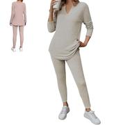 Genérico Women's Casual Rib-Knit Long Sleeve T-Shirt And Leggings Set, Cozy Slim Fit 2 Piece Outfits Set (Gray,XXL)