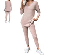 Genérico Women's Casual Rib-Knit Long Sleeve T-Shirt And Leggings Set, Cozy Slim Fit 2 Piece Outfits Set (Pink,XL)