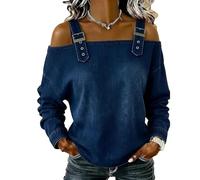 Genérico Women's Casual Washed Denim Cold Shoulder Buckle Strap Long Sleeve Blouse Adjustable Strap Sexy Long Sleeve Date Night Top (Dark Blue,M)