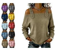 Genérico Women's Casual Washed Denim Cold Shoulder Buckle Strap Long Sleeve Blouse, Off-The-Shoulder Strapless Denim Shirt Top (Khaki,XXL)