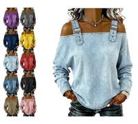 Genérico Women's Casual Washed Denim Cold Shoulder Buckle Strap Long Sleeve Blouse, Off-The-Shoulder Strapless Denim Shirt Top (Light Blue,XXL)