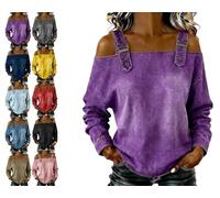 Genérico Women's Casual Washed Denim Cold Shoulder Buckle Strap Long Sleeve Blouse, Off-The-Shoulder Strapless Denim Shirt Top (Purple,XXL)