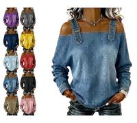 Genérico Women's Casual Washed Denim Cold Shoulder Buckle Strap Long Sleeve Blouse, Off-The-Shoulder Strapless Denim Shirt Top (Blue,M)
