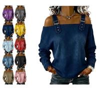 Genérico Women's Casual Washed Denim Cold Shoulder Buckle Strap Long Sleeve Blouse, Off-The-Shoulder Strapless Denim Shirt Top (Dark Blue,L)