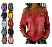 Genérico Women's Casual Washed Denim Cold Shoulder Buckle Strap Long Sleeve Blouse, Off-The-Shoulder Strapless Denim Shirt Top (Red,XXL)
