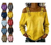 Genérico Women's Casual Washed Denim Cold Shoulder Buckle Strap Long Sleeve Blouse, Off-The-Shoulder Strapless Denim Shirt Top (Yellow,XL)