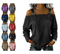 Genérico Women's Casual Washed Denim Cold Shoulder Buckle Strap Long Sleeve Blouse, Off-The-Shoulder Strapless Denim Shirt Top (Black,3XL)