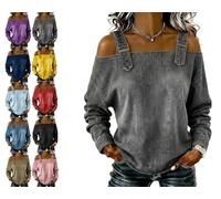 Genérico Women's Casual Washed Denim Cold Shoulder Buckle Strap Long Sleeve Blouse, Off-The-Shoulder Strapless Denim Shirt Top (Gray,XXL)