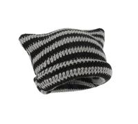 Genérico Womens Cat Ear Beanie Hat, Cute Cat Ear Crochet Hat, Slouchy Striped Knit Hat, Vintage Winter Warm Elastic Cap, Outdoor Travel Streetwear Accessory (Black Gray)