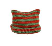 Genérico Womens Cat Ear Beanie Hat, Cute Cat Ear Crochet Hat, Slouchy Striped Knit Hat, Vintage Winter Warm Elastic Cap, Outdoor Travel Streetwear Accessory (Red Green)