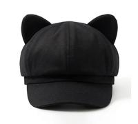 Genérico Women's Cat Ear Beret, Classic Eight-Panel Newsboy Cap with Brim, Vintage Style Baker Boy Hat, Cute 8 Panels Visor, Octagonal Cabbie Painter Hats, Paperboy Gatsby Cap (Black)