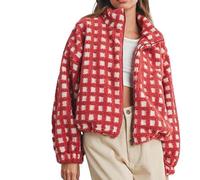 Genérico Womens Checkered Sherpa Coats Cropped, Plaid Fleece Coats, Winter Warm (Red,XL)