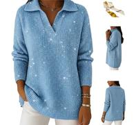 Genérico Women's Christmas Party Polo Collar Shiny Loose Sweater Top,Elegant V Neck Long-Sleeved Sparkly Pullover Sweaters Blouses (FR/ES, Letras, M, Regular, Regular, Blue)