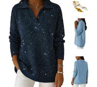 Genérico Women's Christmas Party Polo Collar Shiny Loose Sweater Top,Elegant V Neck Long-Sleeved Sparkly Pullover Sweaters Blouses (FR/ES, Letras, XL, Regular, Regular, Dark Blue)