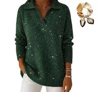 Genérico Women's Christmas Party Polo Collar Sweater, Casual V Neck Shiny Loose Sweaters, Elegant Retro Soft Knit Sparkly Sweaters