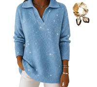 Genérico Women's Christmas Party Polo Collar Sweater, Casual V Neck Shiny Loose Sweaters, Elegant Retro Soft Knit Sparkly Sweaters